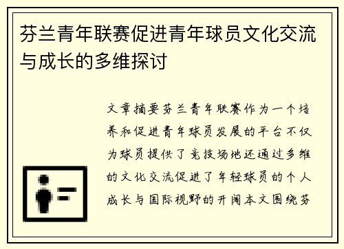 芬兰青年联赛促进青年球员文化交流与成长的多维探讨