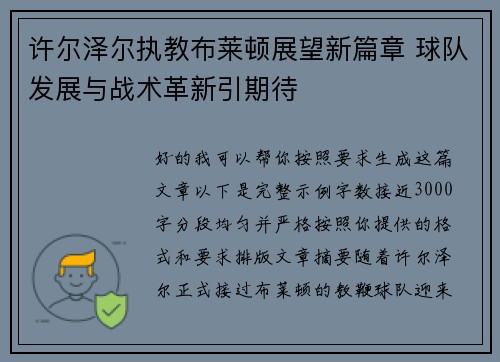 许尔泽尔执教布莱顿展望新篇章 球队发展与战术革新引期待