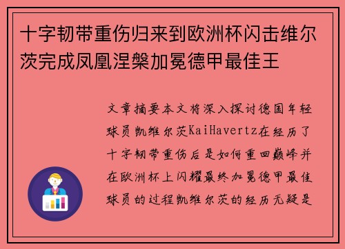 十字韧带重伤归来到欧洲杯闪击维尔茨完成凤凰涅槃加冕德甲最佳王